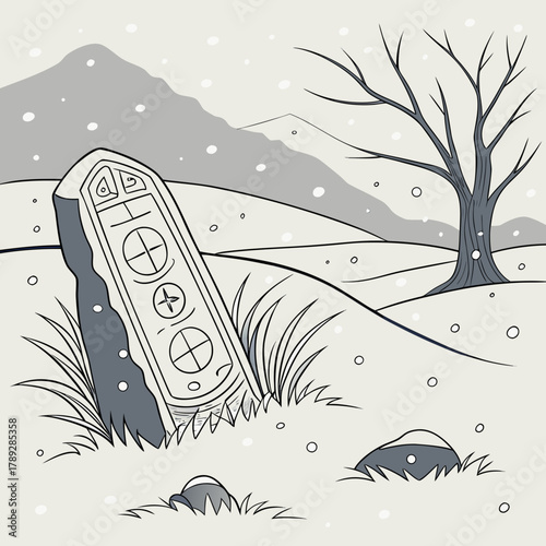 A tombstone in a snowy field with a bare tree and mountain in the background on a winter day