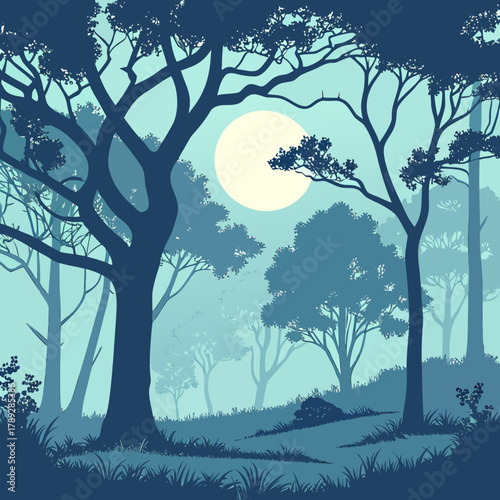 A tranquil forest scene with a full moon shining through the trees, creating a serene and peaceful atmosphere