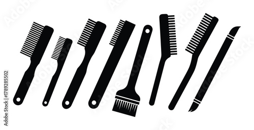 Hair comb set. Different shapes brushes. Hairdressing tools. Beauty salon accessories. Hair care.