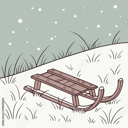 A wooden sled rests on a snowcovered hill, surrounded by sparse grass and falling snowflakes in winter