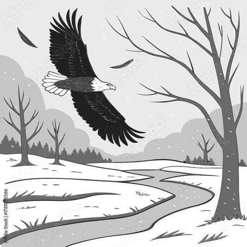 An eagle soars over a snowy winter landscape with bare trees and a winding river, symbolizing freedom and nature