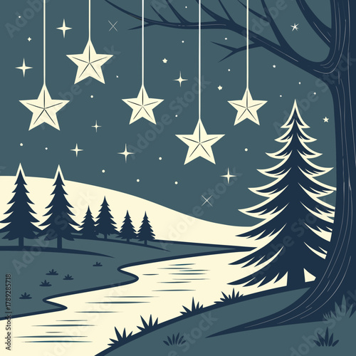 Stars hanging from a tree over a river in a winter night landscape with pine trees