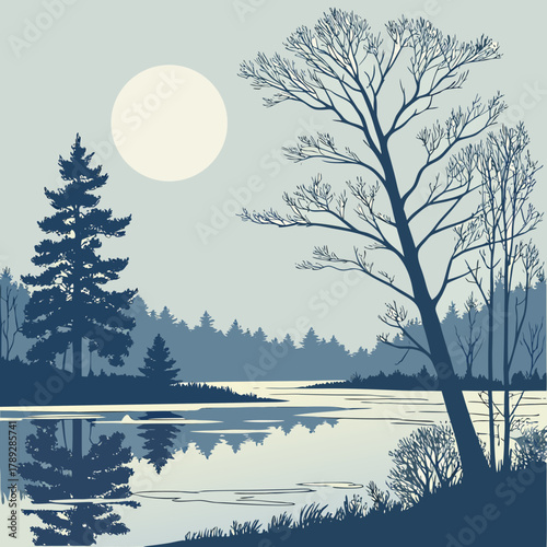 Tranquil winter scene with a lake, trees, and a full moon reflecting in the calm water at dusk