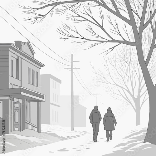 Two people walking down a snowy street in a residential neighborhood on a cold winter day, with trees and houses