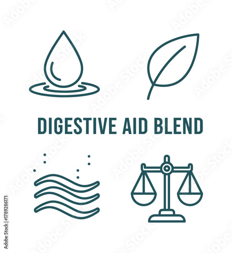 Icon set for digestive aid blend showing water, leaf, waves, and scales graphic.
