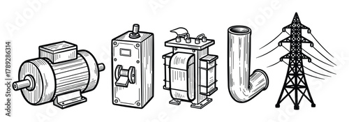Industrial hand drawn doodle icons set. Energy power object in sketch style.