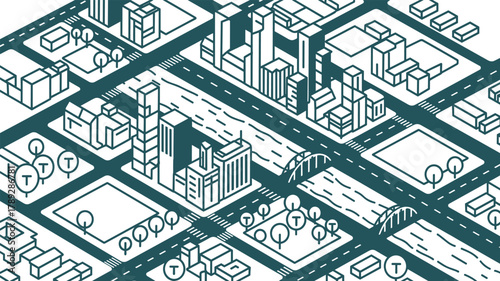 Isometric city map with skyscrapers, streets, river, and bridges. Modern cityscape plan