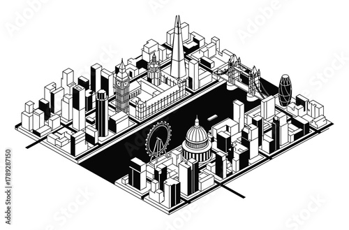 London city map. Isometric view of landmarks, buildings, streets. Urban landscape with famous sights.
