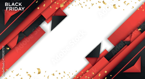Black Friday Abstract Background with Red and Black Geometric Shapes and Confetti