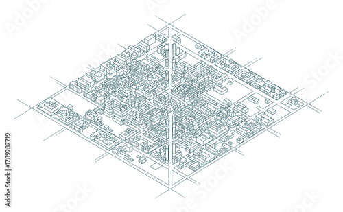 Isometric city plan with buildings and roads