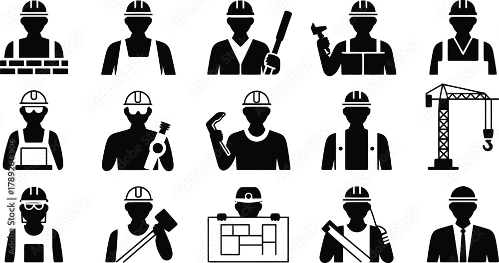 Obraz premium Diverse construction worker silhouettes with tools and safety gear collection