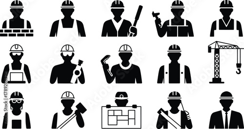 Diverse construction worker silhouettes with tools and safety gear collection