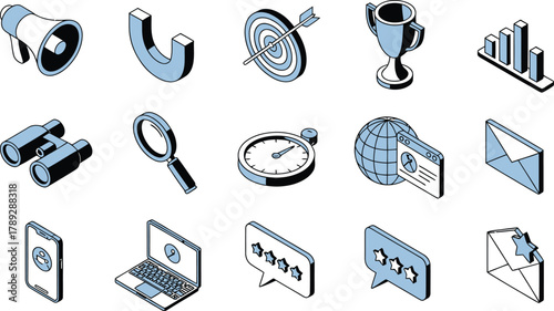 Isometric business icons representing marketing strategy growth success and analytics