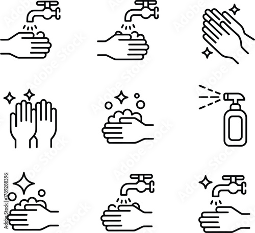 Set of hygiene icons illustrating hand washing and sanitizing procedures
