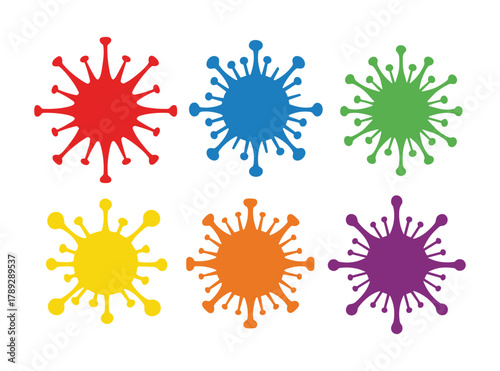 Set of colorful splash shapes resembling virus cells