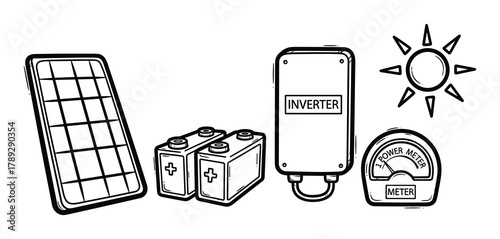 Solar energy system components vector icons set