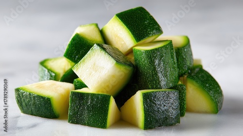 Close up of a pile of fresh diced green zucchini