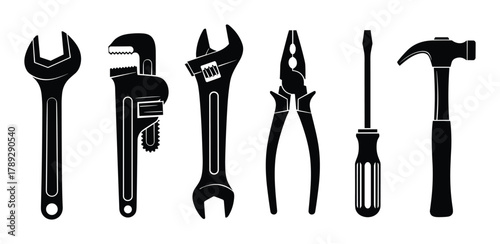 Set of black hand tools mechanic equipment