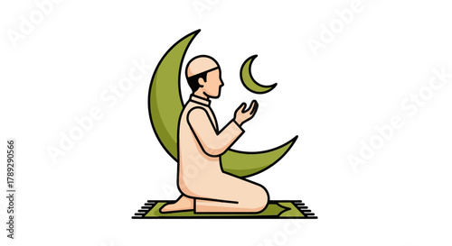 Muslim Woman Praying at Night Under Crescent Moon in Peace and Reflection