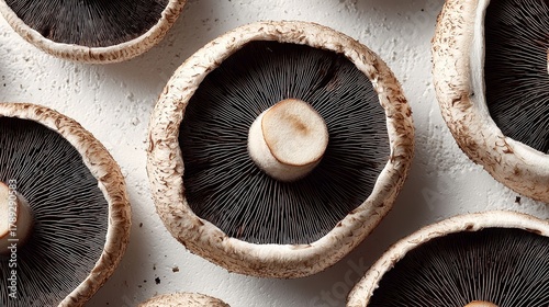 Close up of a sliced portobello mushroom with detailed gills