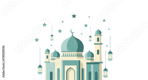 Beautiful Islamic Mosque with Minarets and Dome Illustration for Religious and Cultural Content
