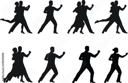 Tango dancer silhouette vector set, elegant dance poses, black couple and solo icons, passionate movement, Latin dance illustration for graphic design