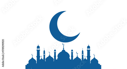 Beautiful Night Scene of a Crescent Moon Over an Islamic Mosque Skyline