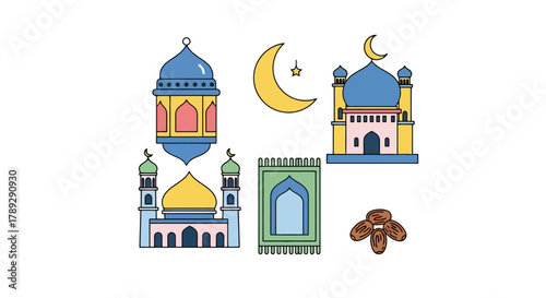 Beautiful Middle Eastern Mosque and Islamic Architecture with Night Sky and Crescent Moon