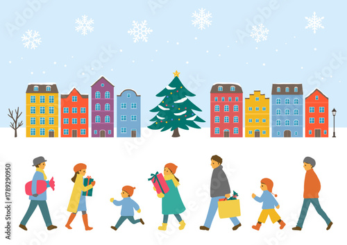 winter scene with colorful buildings