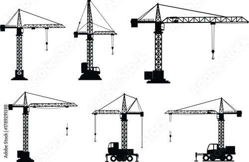 Tower crane silhouette vector, construction equipment illustration, industrial lifting machinery, mobile crane designs, building site tools, engineering structure, heavy load handling
