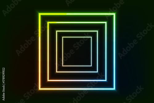 A glowing neon tunnel of concentric squares with a vibrant gradient from yellow to blue, creating a futuristic and immersive effect on a dark background.