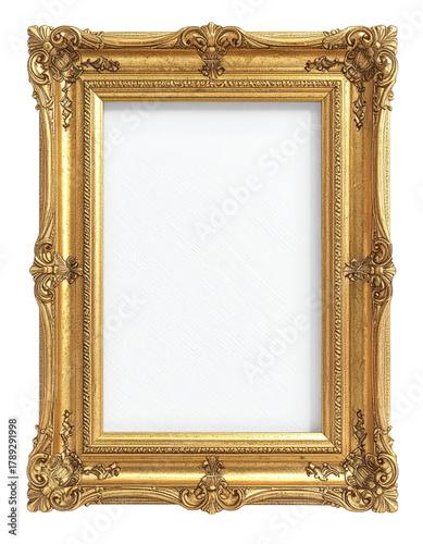 Ornate Gold Picture Frame with Intricate Carvings and Blank White Space.