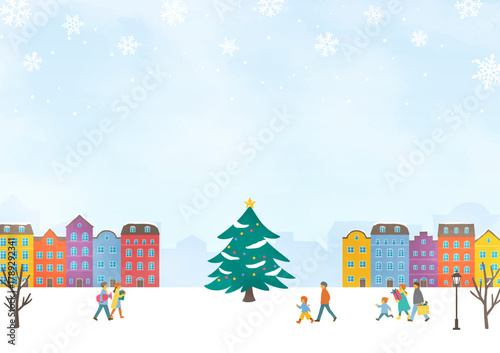 winter scene with colorful buildings