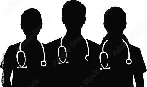 Team of doctors silhouette vector illustration, medical professionals group with stethoscopes, healthcare workers teamwork concept, hospital staff design, medicine and health symbol
