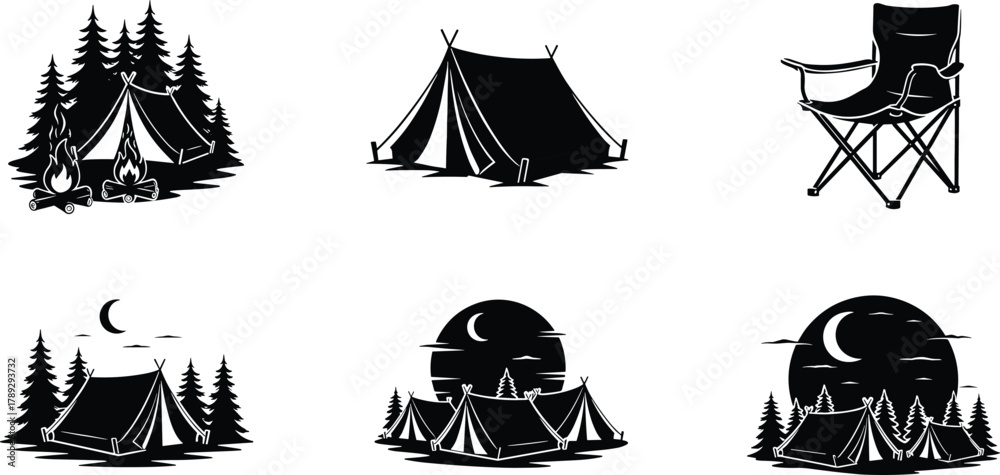 Fototapeta premium Camping Scene Silhouette Set, Tent, Campfire, Pine Trees, Moonlight, Outdoor Adventure Icons, Minimal Black Vector, CAD Drawing Flat Vector Illustration