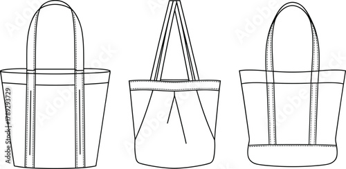 Tote bag design, fashion accessory sketch, technical drawing, vector illustration, sewing pattern, handbag blueprint, CAD style, flat template