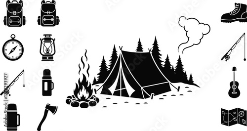 Camping Gear and Scene Silhouette Set, Tent, Campfire, Backpack, Lantern, Guitar, Map, Pine Trees, CAD Drawing Flat Vector Illustration