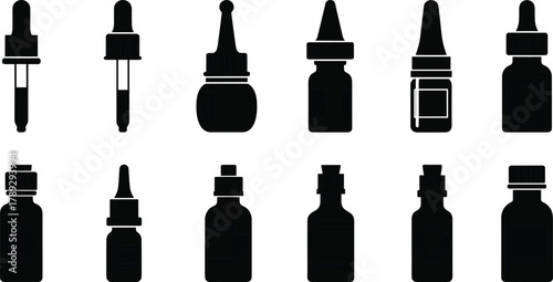 Dropper Bottle and Nasal Spray Silhouette Set, 12 Packaging Icons, Medical Cosmetic Containers, Dispensing Nozzles, Vial Designs, Minimal Black Silhouettes