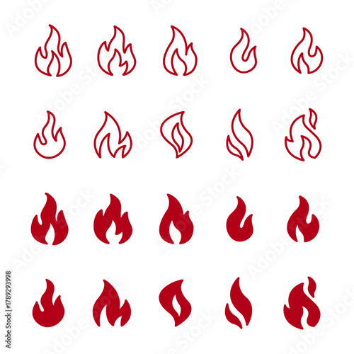 炎のアイコンセット（フレームシンボル／シンプルな線画と塗りのデザイン）