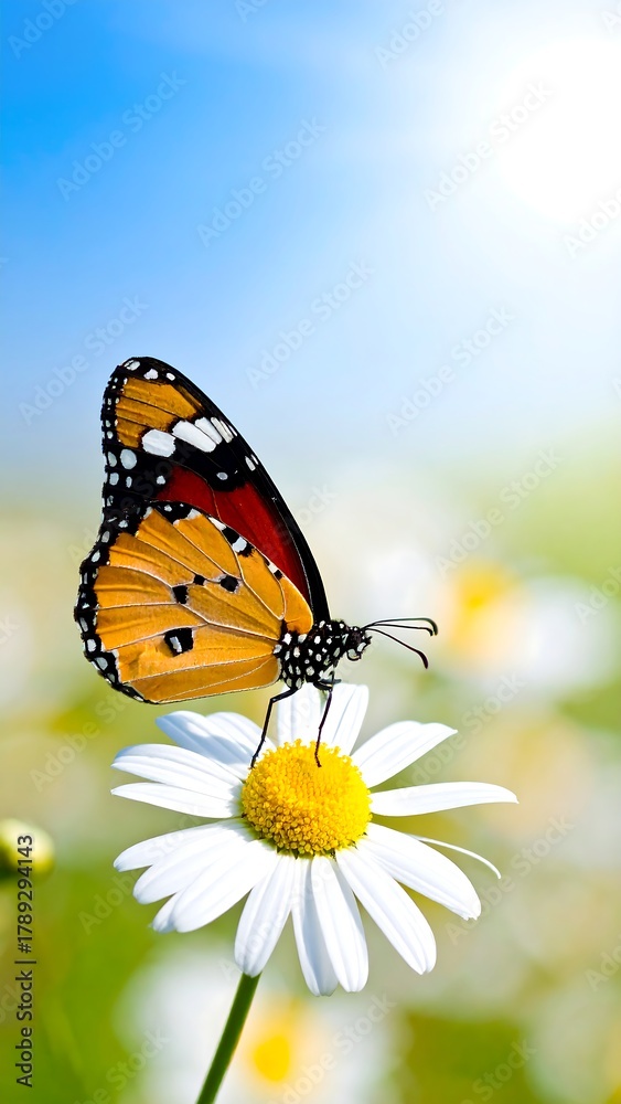 Obraz premium A vibrant monarch butterfly with patterned wings rests atop a daisy, bathed in sunlight against a soft blue sky