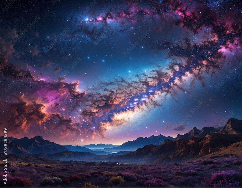 Naklejka premium Stunning nightscape view with a galaxy over mountainous landscape