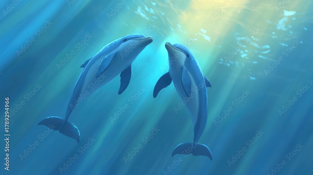 Naklejka premium Two dolphins in a sunlit underwater scene