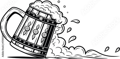 Vintage beer mug with frothy foam splash in detailed hand drawn style, classic wooden tankard illustration, perfect element in celebration, pub, or Oktoberfest themed art design. 