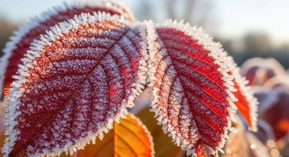 Naklejka premium Stunning macro of vibrant red leaves delicately rimmed with sparkling frost, catching the warm glow of early morning sunlight, evoking crisp autumn and winter beauty.