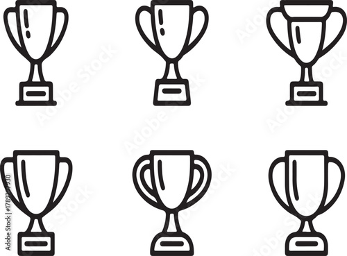 Set of six black and white trophy cup icons representing victory, achievement, and awards for champions. Vector line art symbols for success and winning