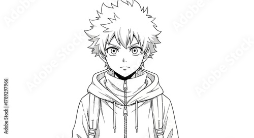 Anime Manga Boy Line Art - Spiky Hair Hoodie Character Outline
