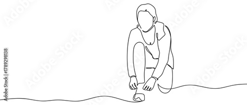 A woman sits down and ties one shoelace continuously. one line illustration. Vector linear illustration. Editable stroke.