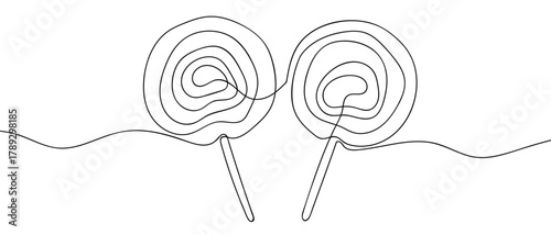 Two lollipops, one continuous line one line illustration. Vector linear illustration. Editable stroke.