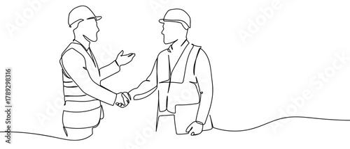 The collaboration of engineers, one continuous line one line illustration. Vector linear illustration. Editable stroke.