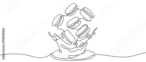 Macarons and milk chocolate, one continuous line one line illustration. Vector linear illustration. Editable stroke.